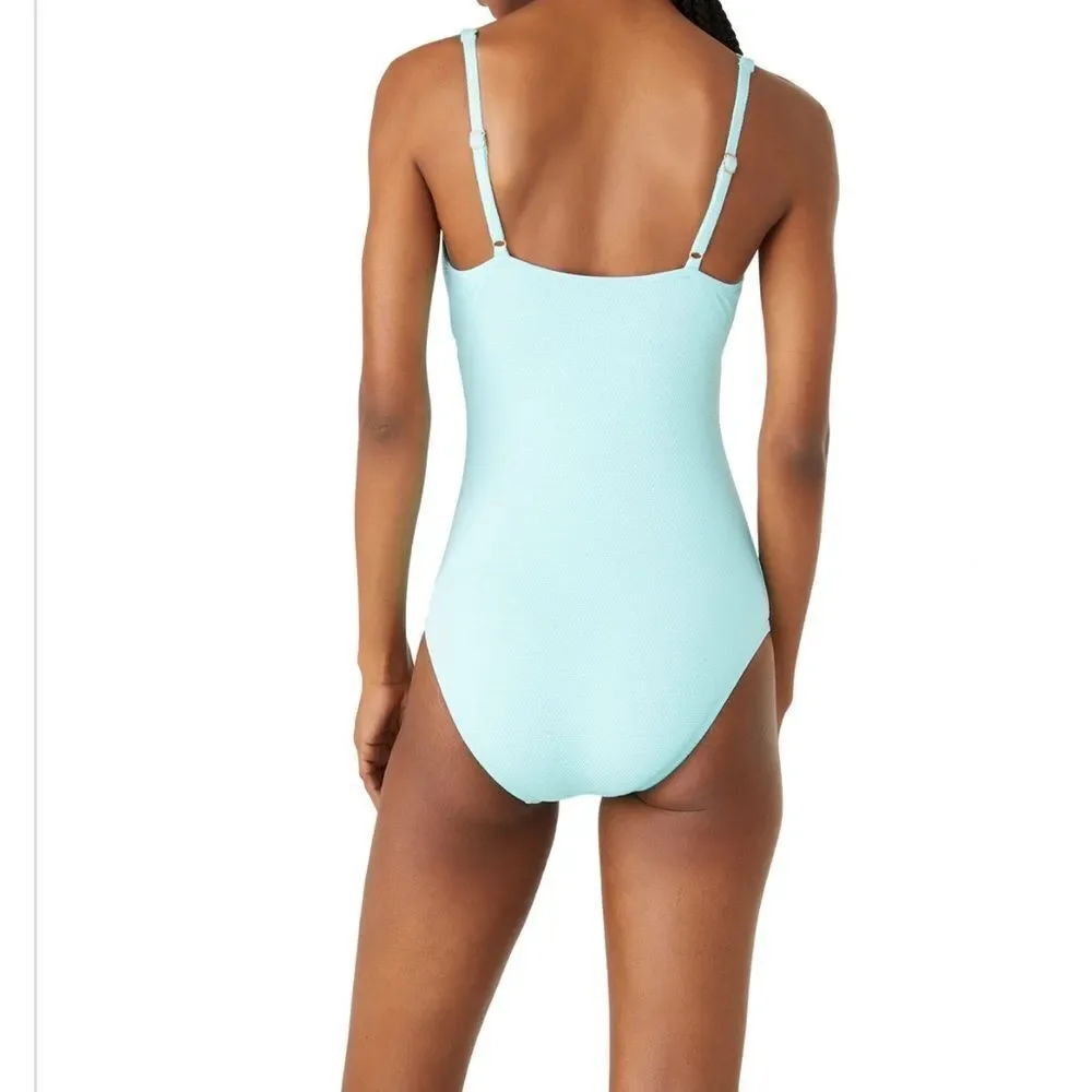NWT Kate Spade Plunge One Piece Swimsuit Pique Scallops in Low Tide Aqua Size XL